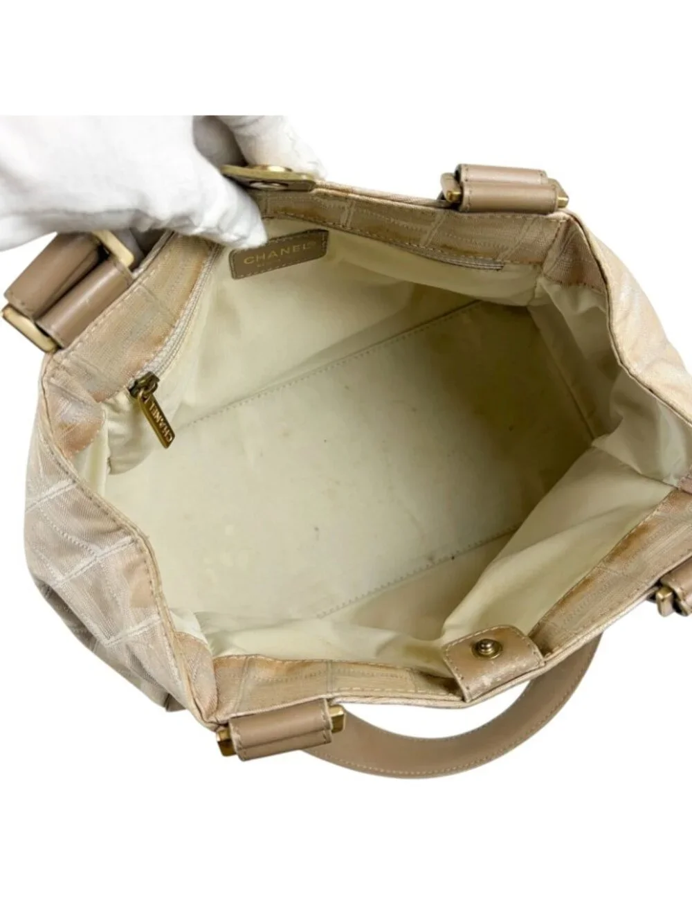 Chanel New Travel Line Handbag Satchel Beige White Nylon Canvas